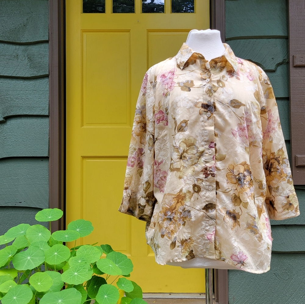 Lemon Grass Studio Watercolor Floral Button-Up | Painterly Cottagecore Blouse |